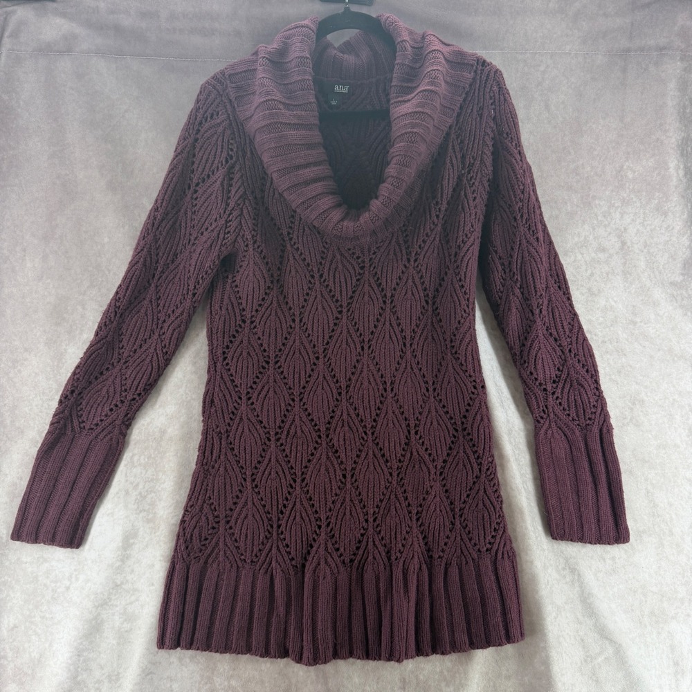 a.n.a A New Approach Burgundy Cowl Neck Pointelle Knit Tunic Sweater Large BOHO